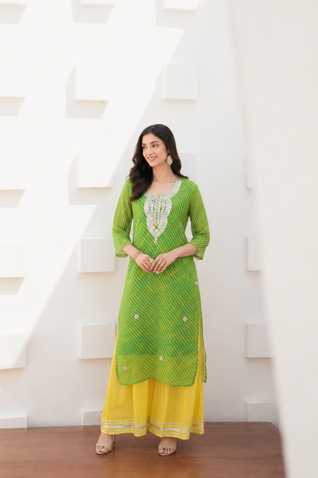 Green handcrafted georgette gota patti kurta palazzo set