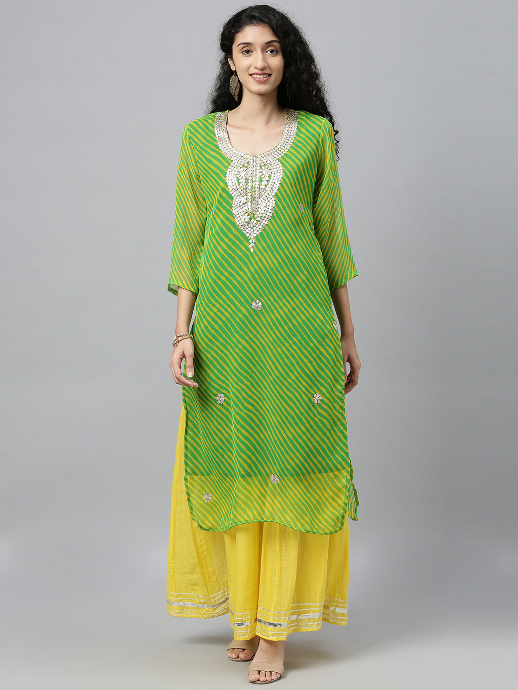 Green handcrafted georgette gota patti kurta palazzo set
