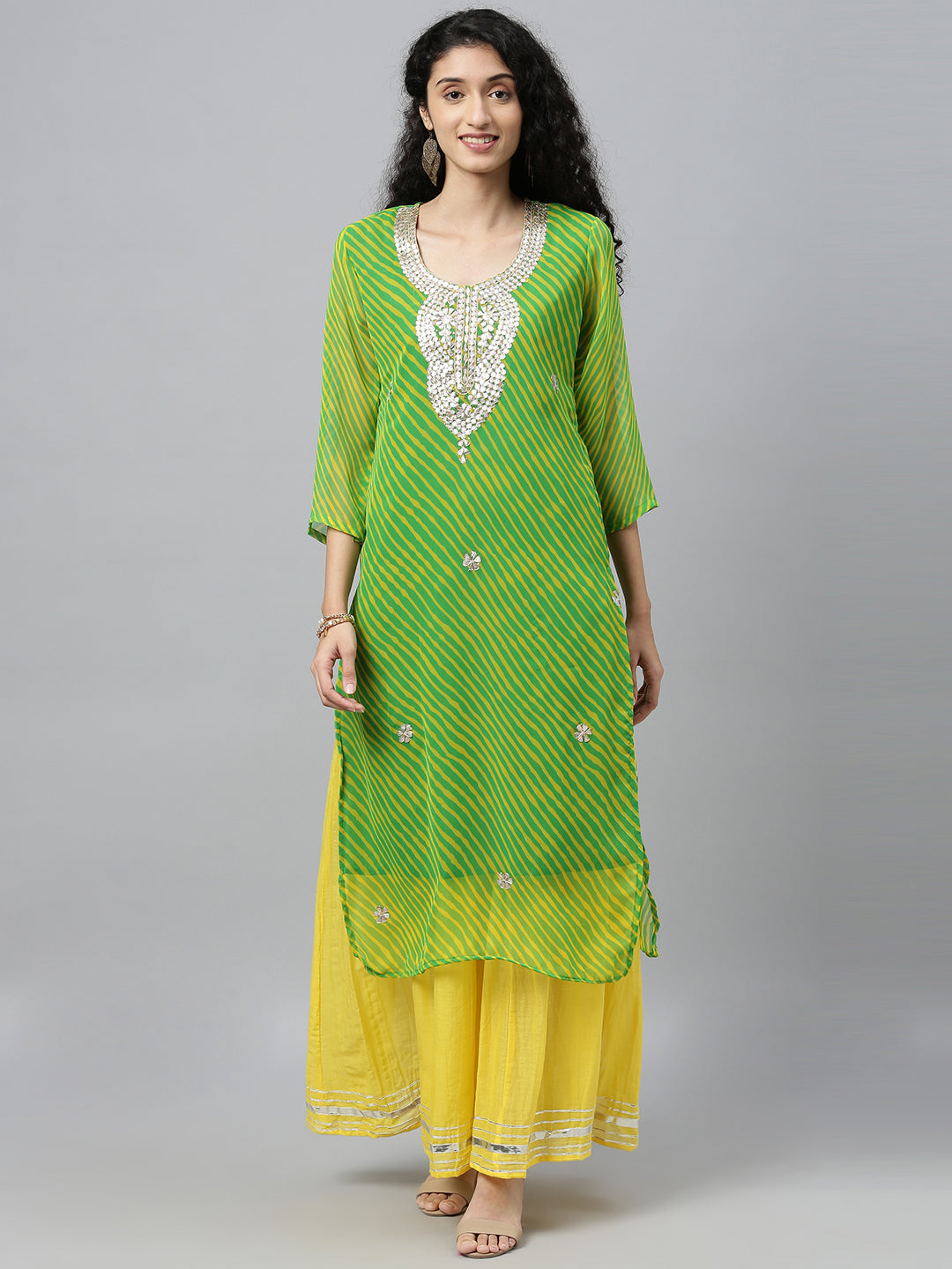 Green handcrafted georgette gota patti kurta palazzo set