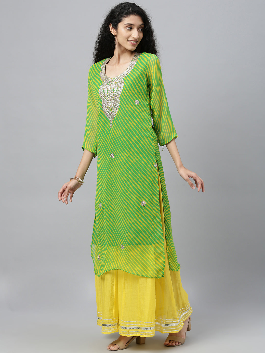 Green handcrafted georgette gota patti kurta palazzo set