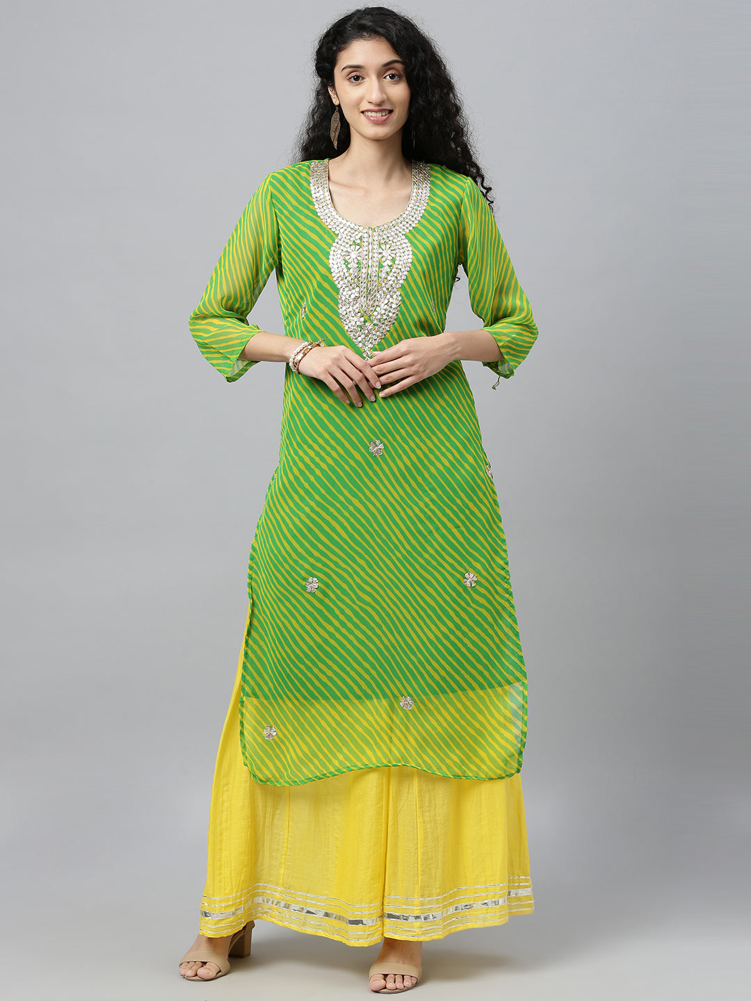 Green handcrafted georgette gota patti kurta palazzo set