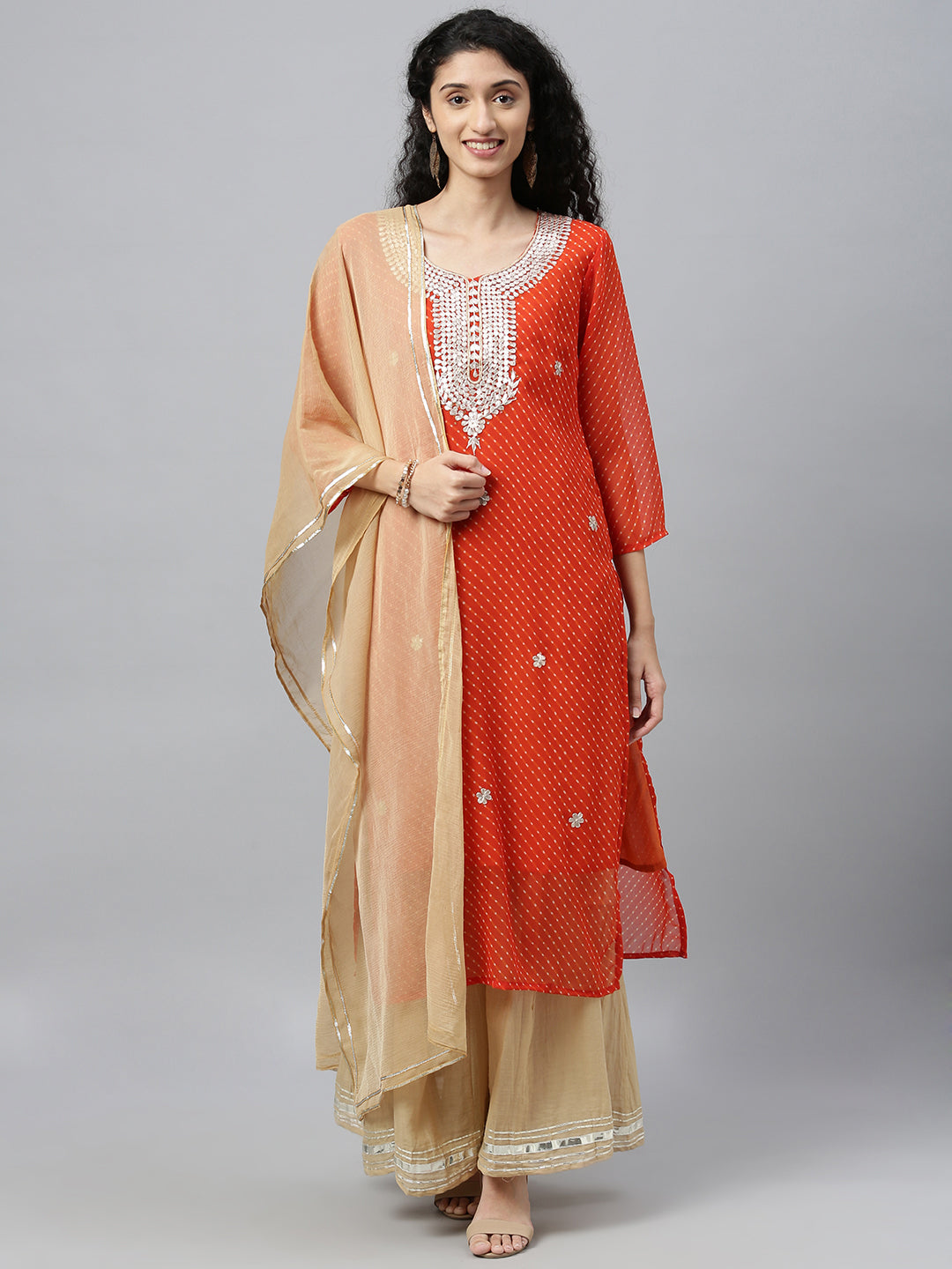 Orange Handcrafted Georgette gota patti kurta set