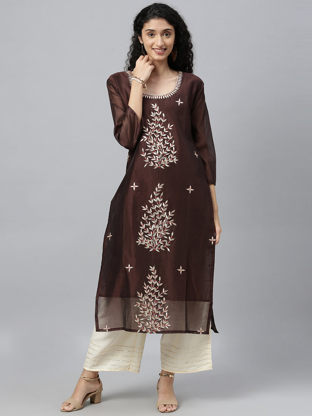 Brown Hand Embroidered Chanderi Kurta With Off-White Pants
