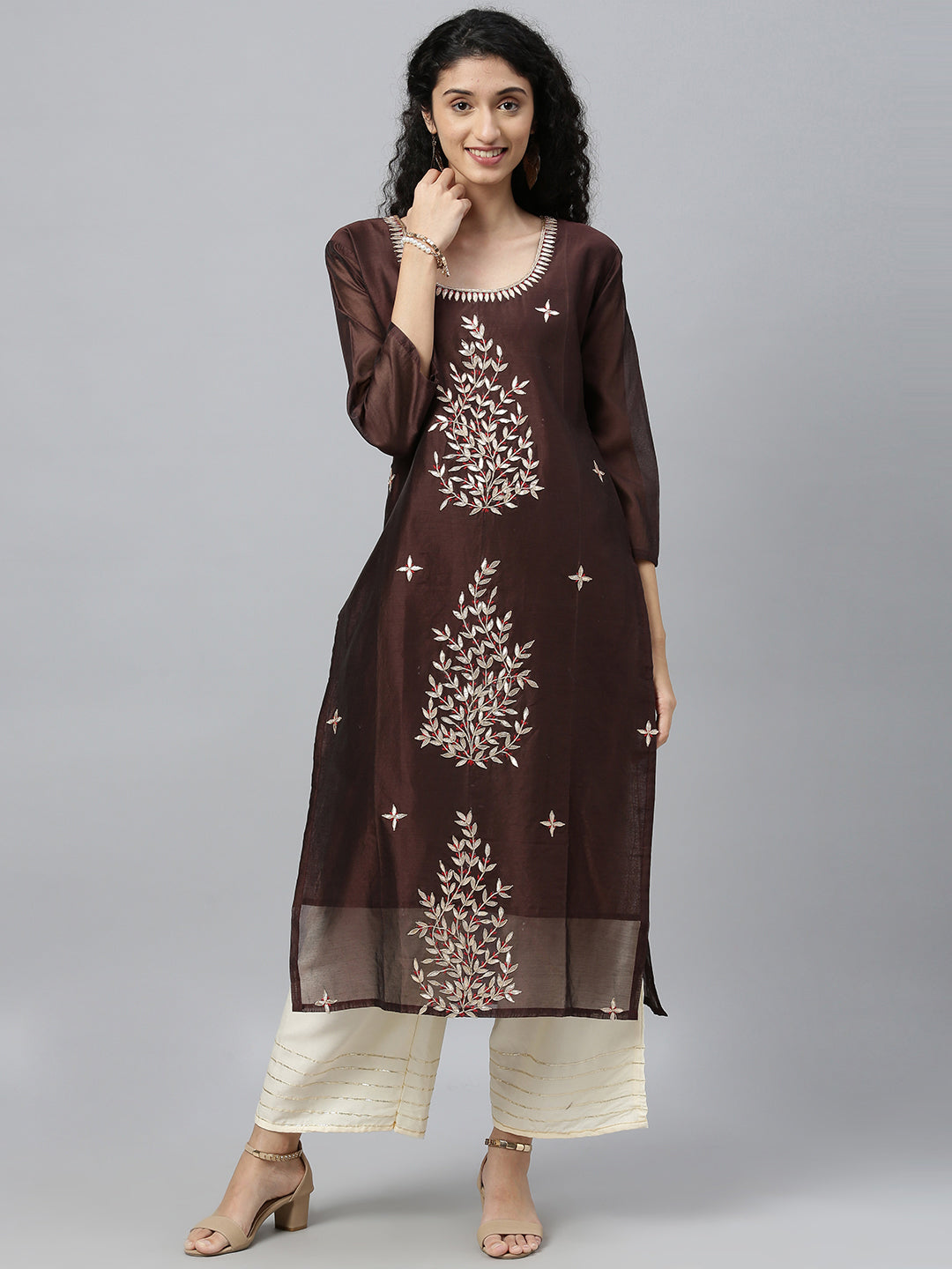 Brown Hand Embroidered Chanderi Kurta With Off-White Pants