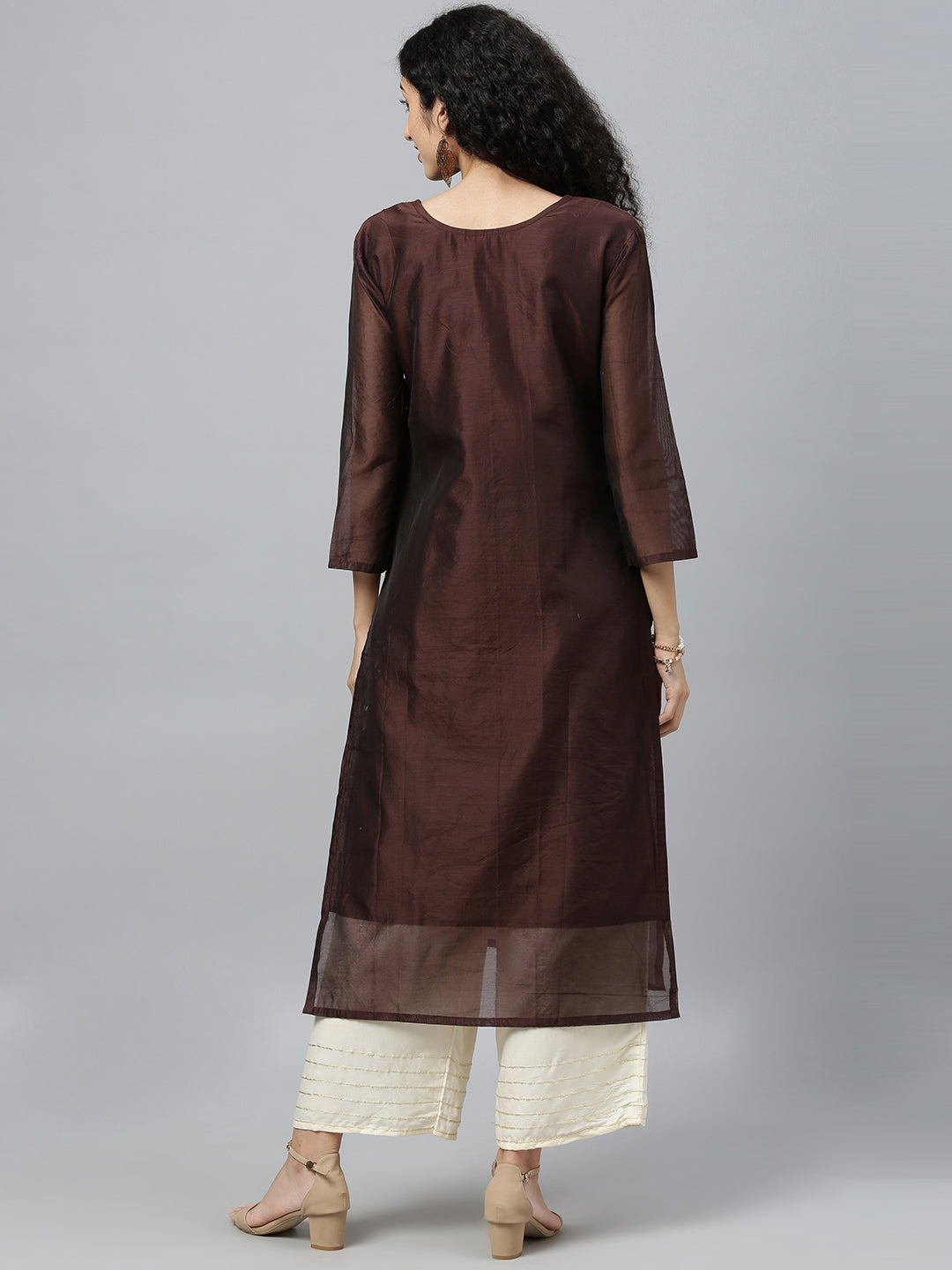 Brown Hand Embroidered Chanderi Kurta With Off-White Pants