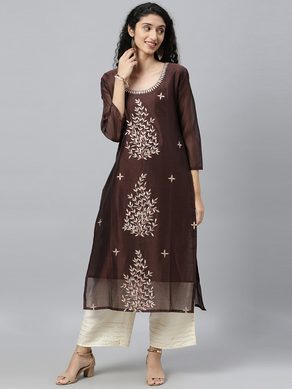 Brown Hand Embroidered Chanderi Kurta With Off-White Pants