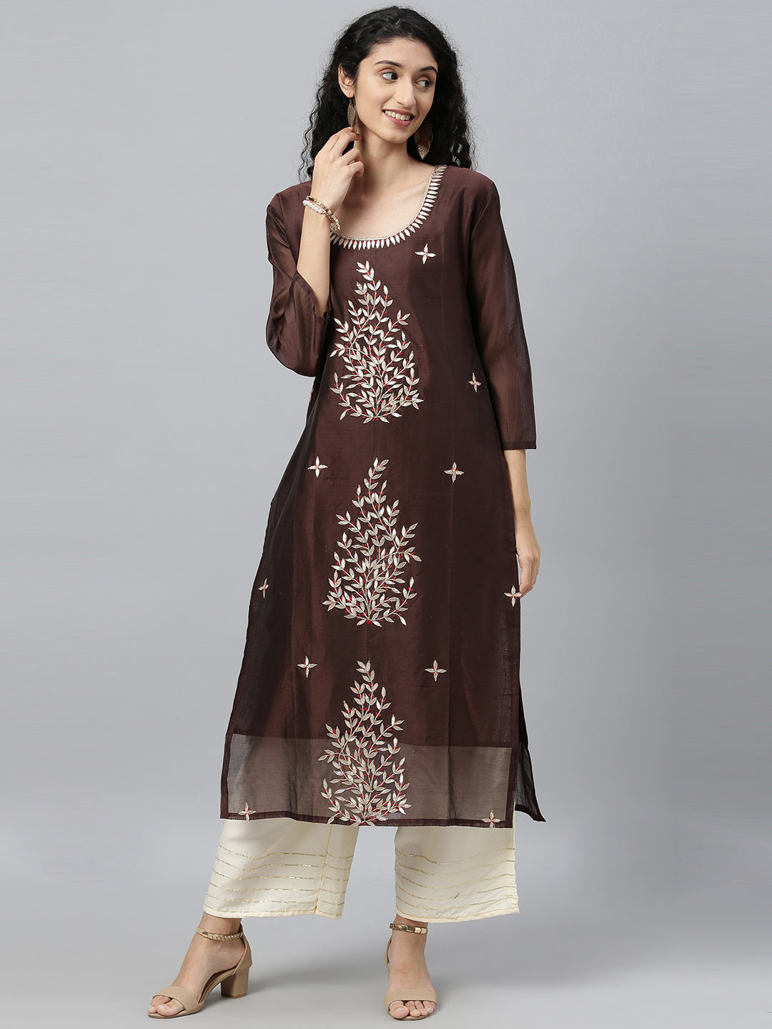 Brown Hand Embroidered Chanderi Kurta With Off-White Pants