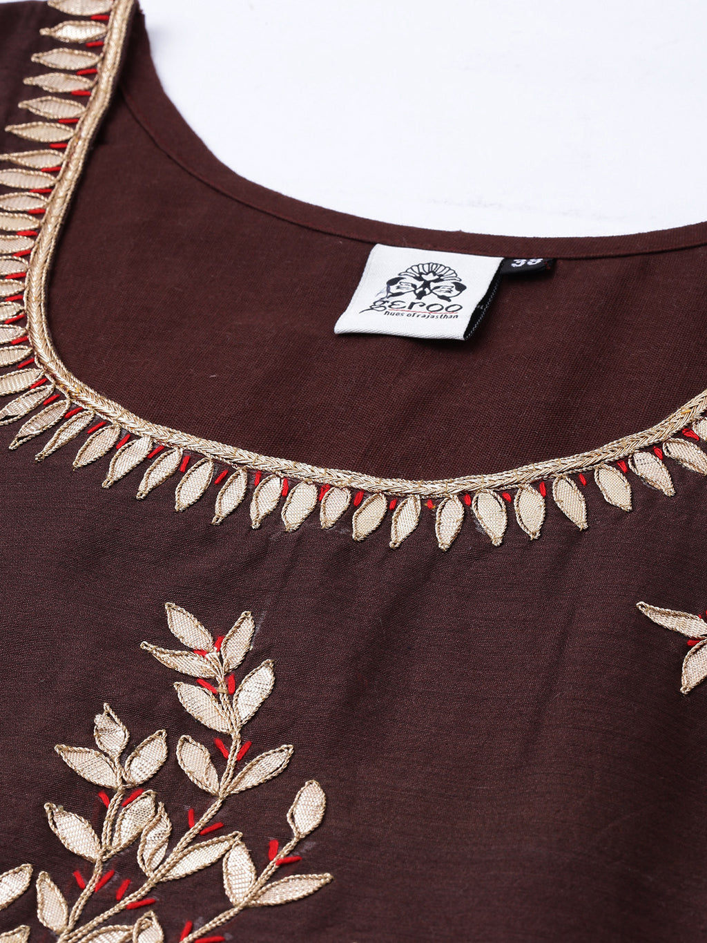 Brown Hand Embroidered Chanderi Kurta With Off-White Pants