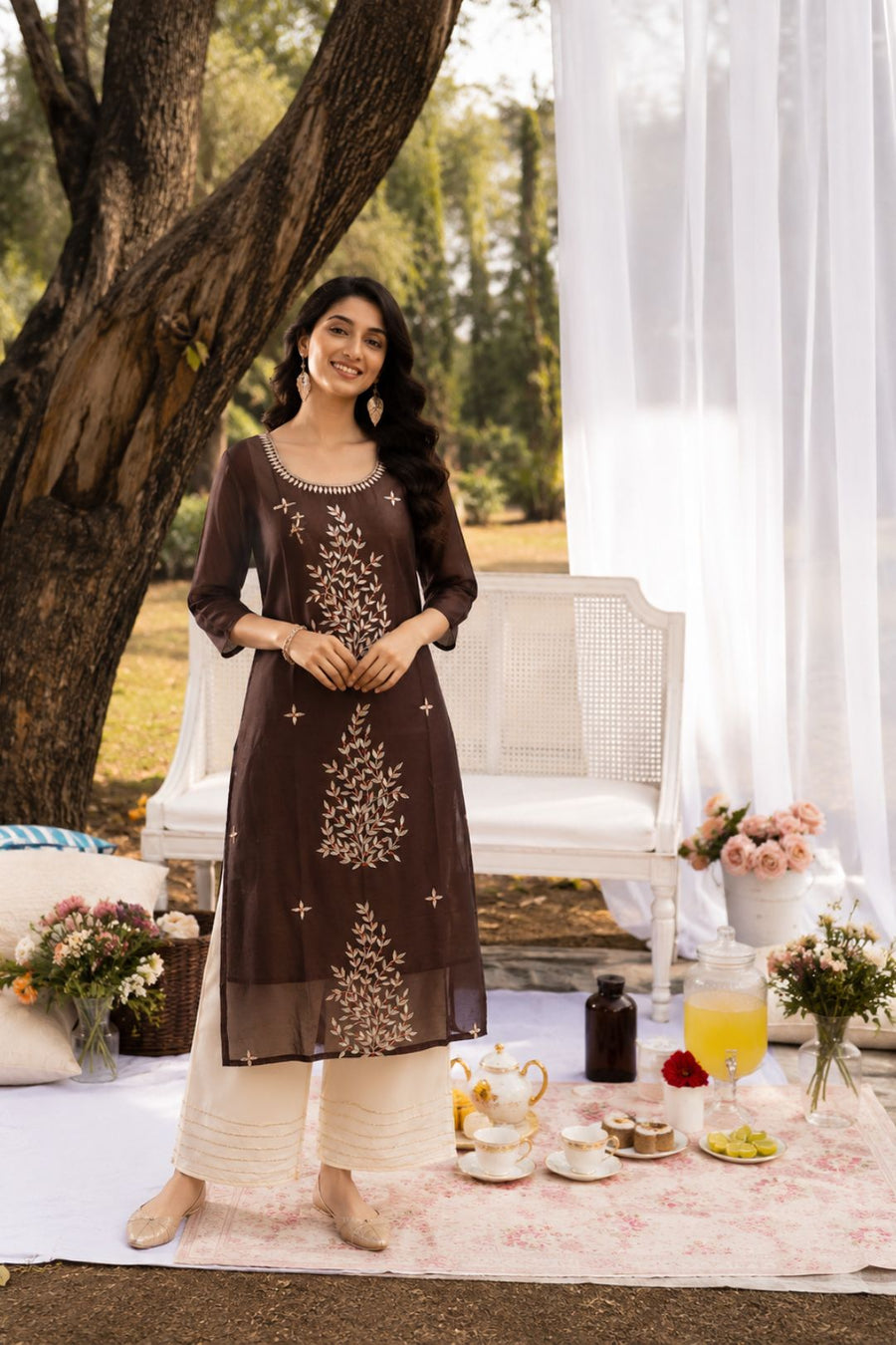 Brown Hand Embroidered Chanderi Kurta With Off-White Pants