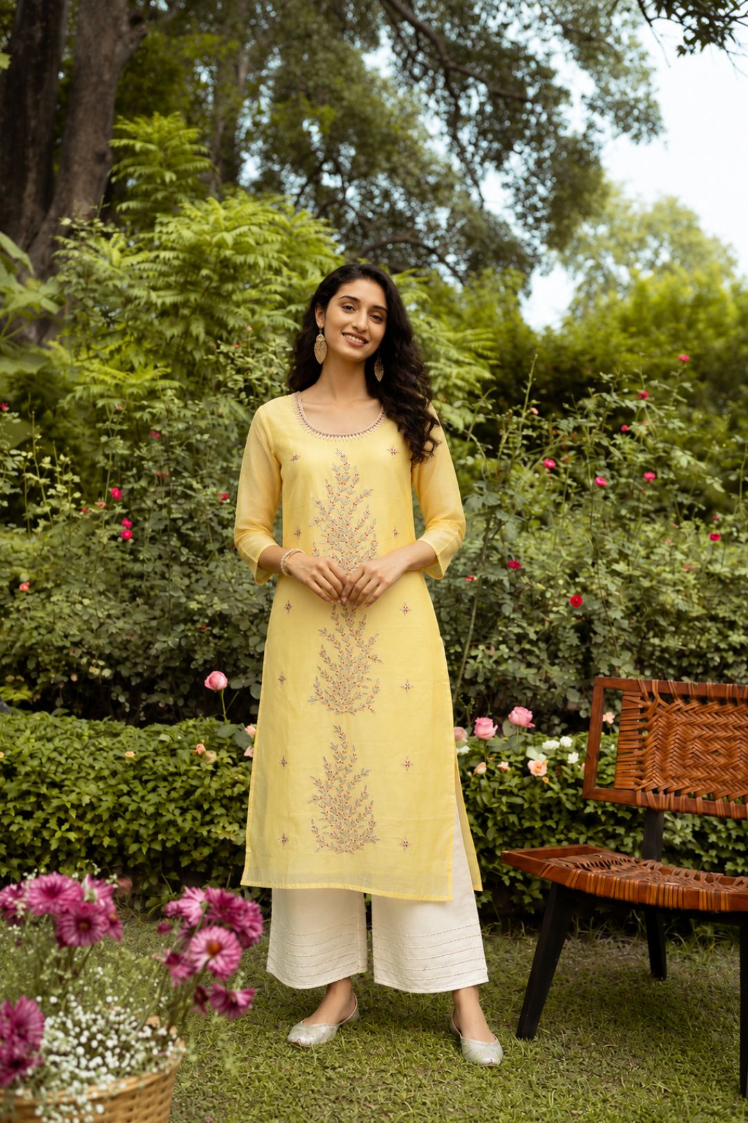 Yellow Hand Embroidered Chanderi Kurta With Off White Pants