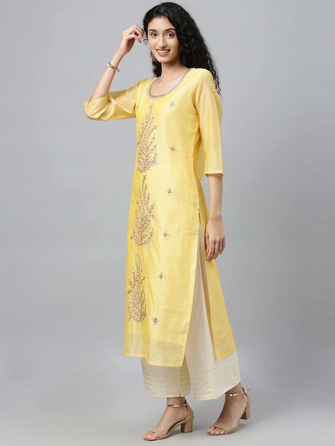 Yellow Hand Embroidered Chanderi Kurta With Off White Pants