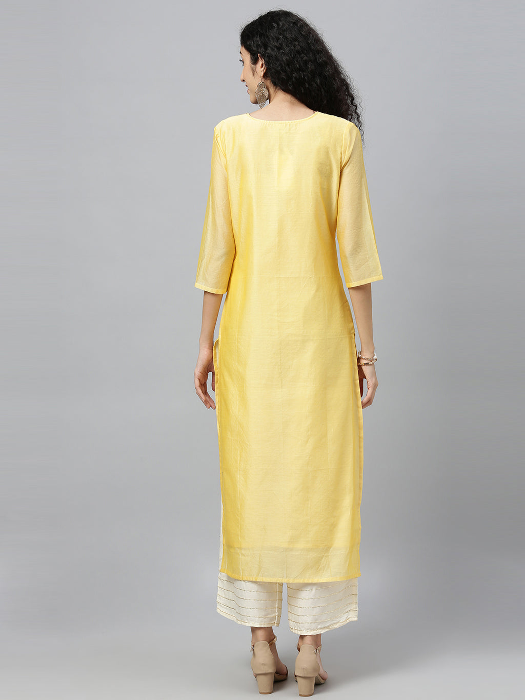 Yellow Hand Embroidered Chanderi Kurta With Off White Pants