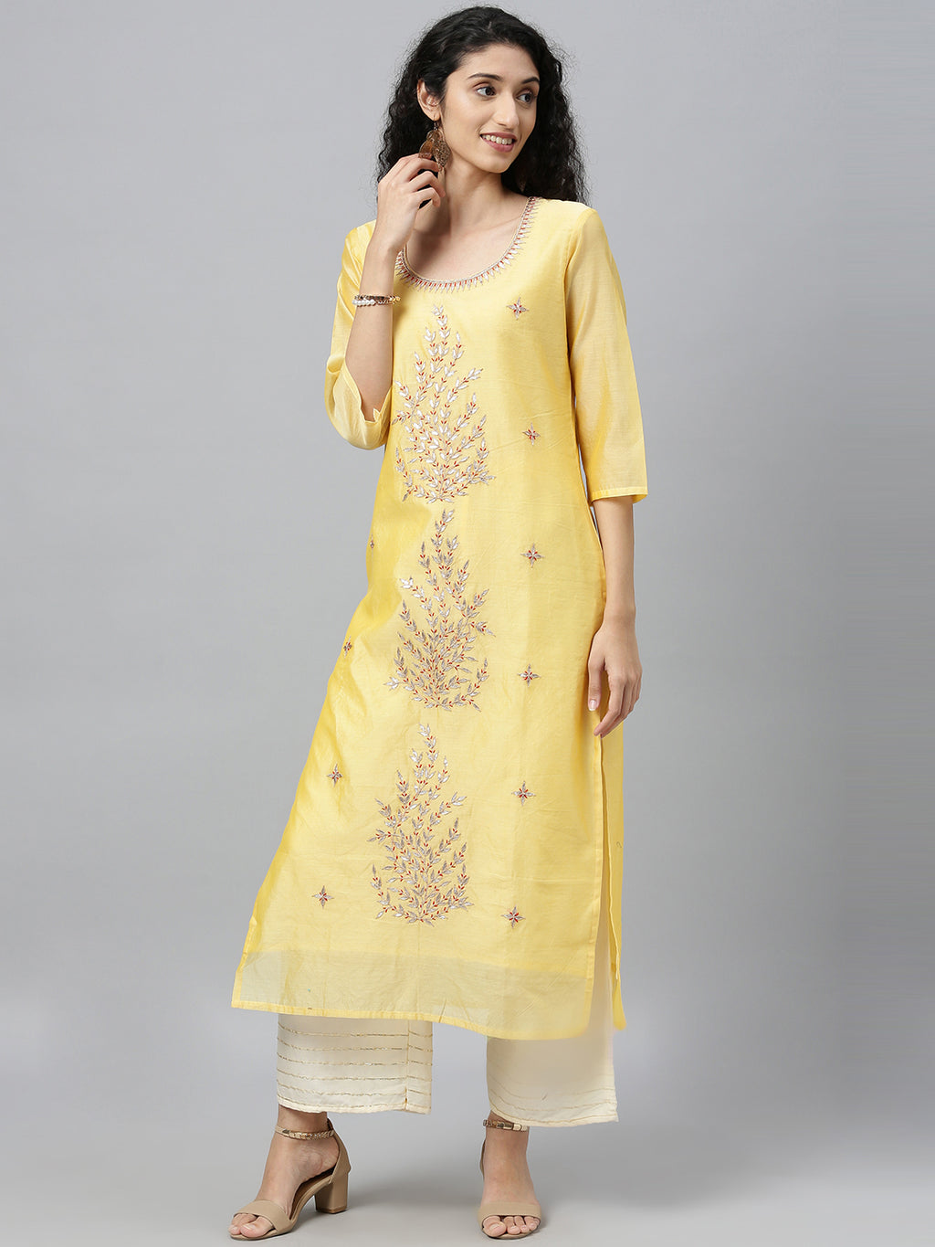Yellow Hand Embroidered Chanderi Kurta With Off White Pants