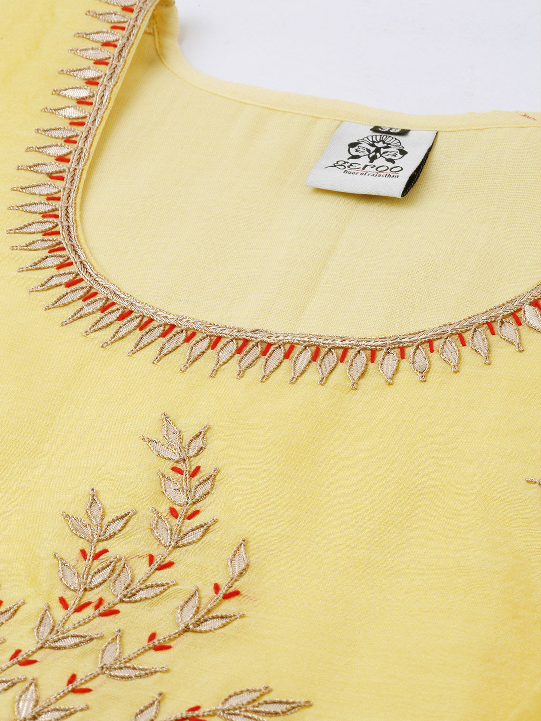 Yellow Hand Embroidered Chanderi Kurta With Off White Pants