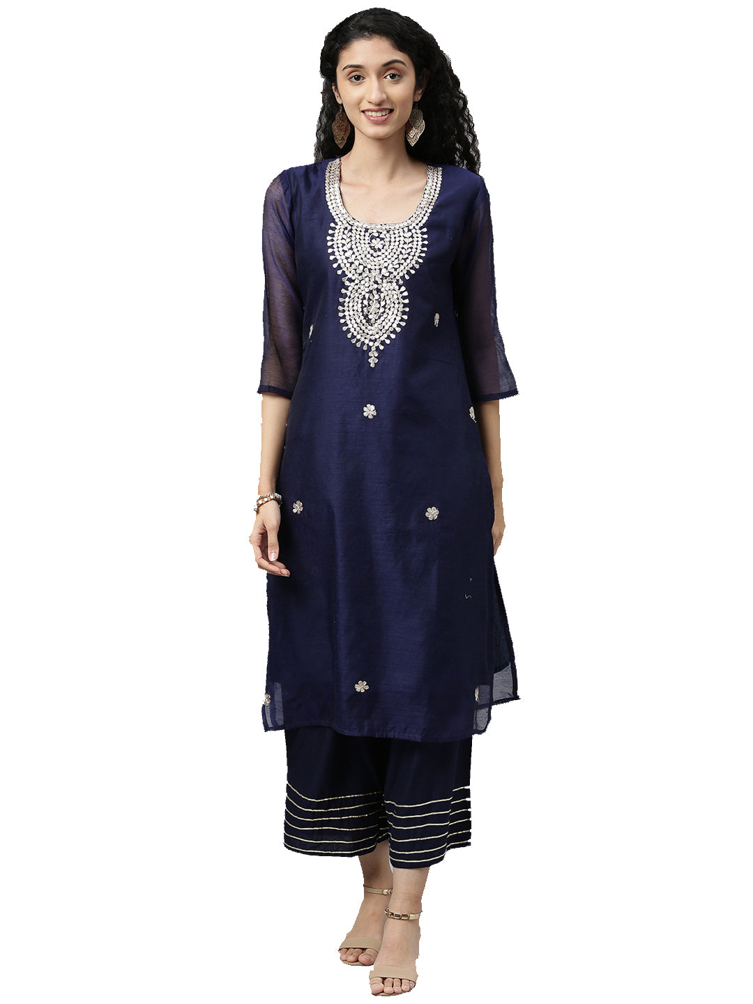 Navy Blue Handcrafted Chanderi Gota Patti Kurta Palazzo Set
