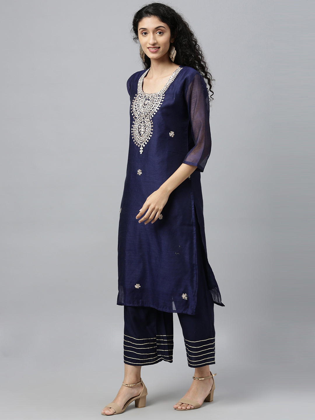 Navy Blue Handcrafted Chanderi Gota Patti Kurta Palazzo Set