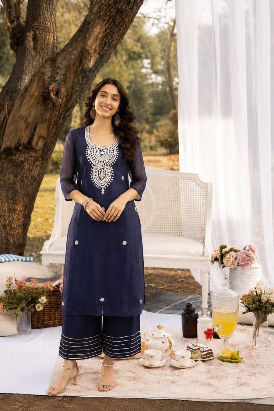 Navy Blue Handcrafted Chanderi Gota Patti Kurta Palazzo Set