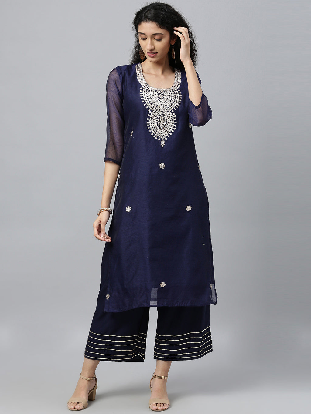 Navy Blue Handcrafted Chanderi Gota Patti Kurta Palazzo Set