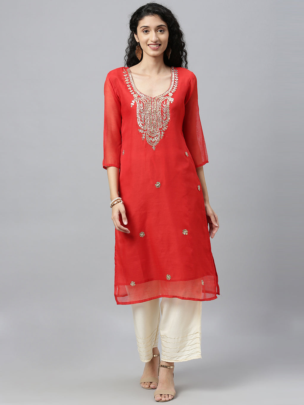 Red Hand Embroidered Chanderi Kurta With Off-White Pants