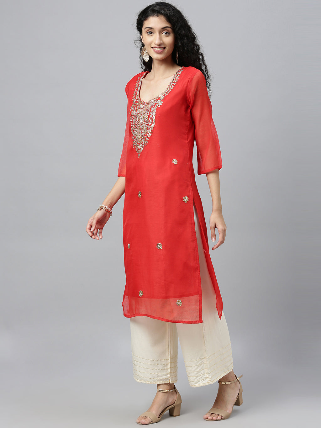 Red Hand Embroidered Chanderi Kurta With Off-White Pants