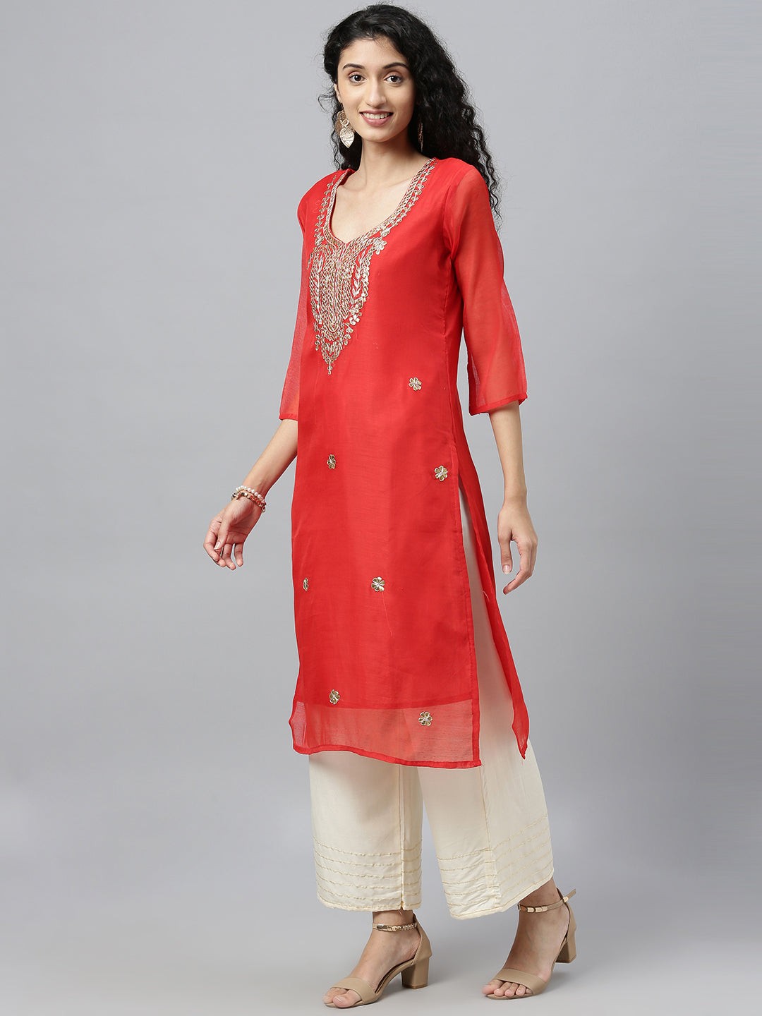 Red Hand Embroidered Chanderi Kurta With Off-White Pants