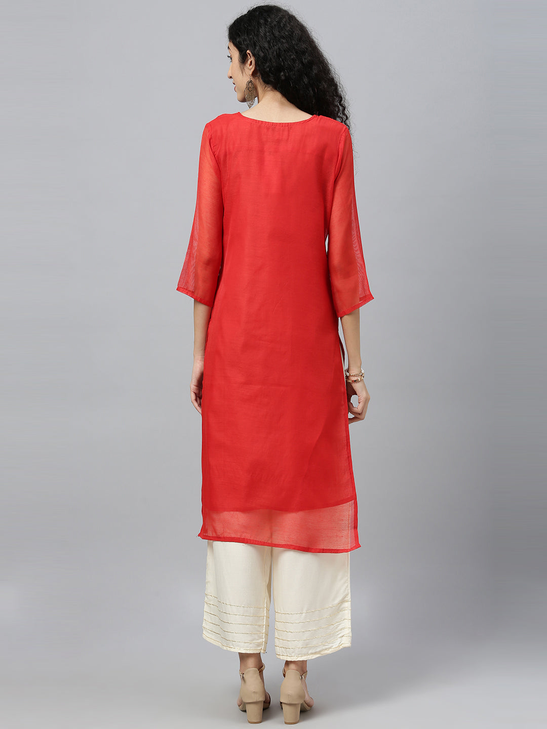 Red Hand Embroidered Chanderi Kurta With Off-White Pants