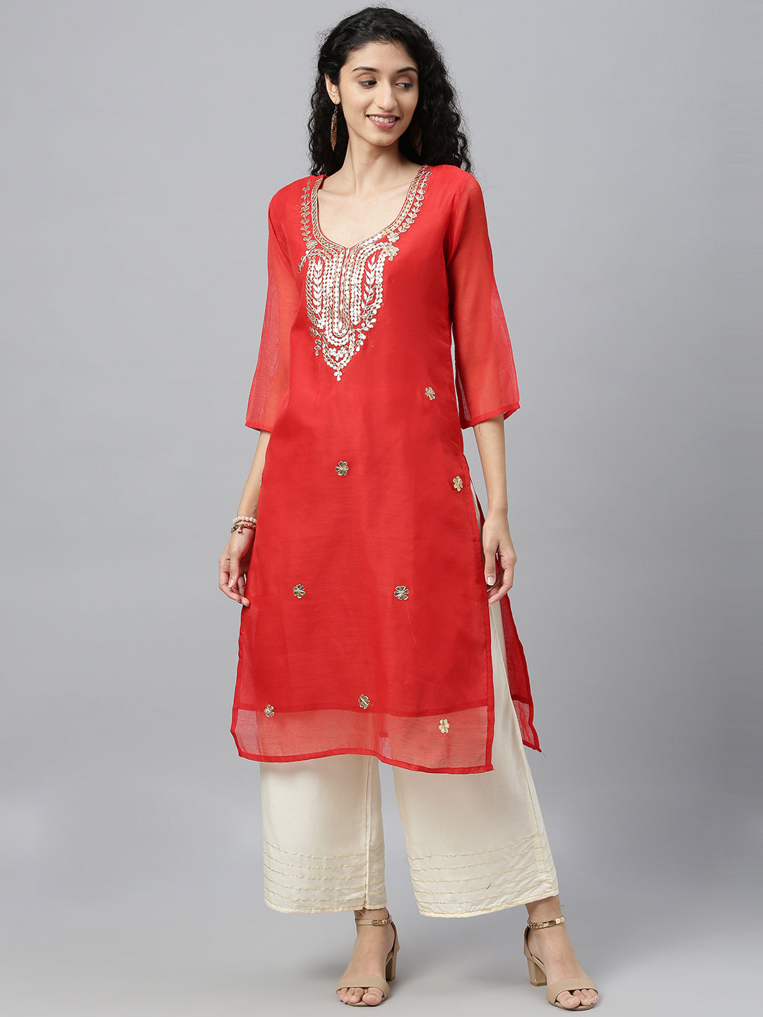 Red Hand Embroidered Chanderi Kurta With Off-White Pants