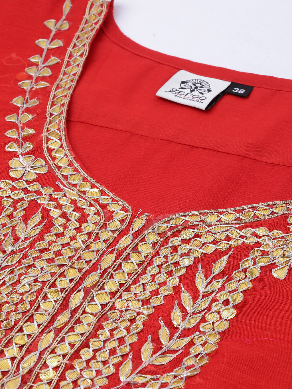 Red Hand Embroidered Chanderi Kurta With Off-White Pants