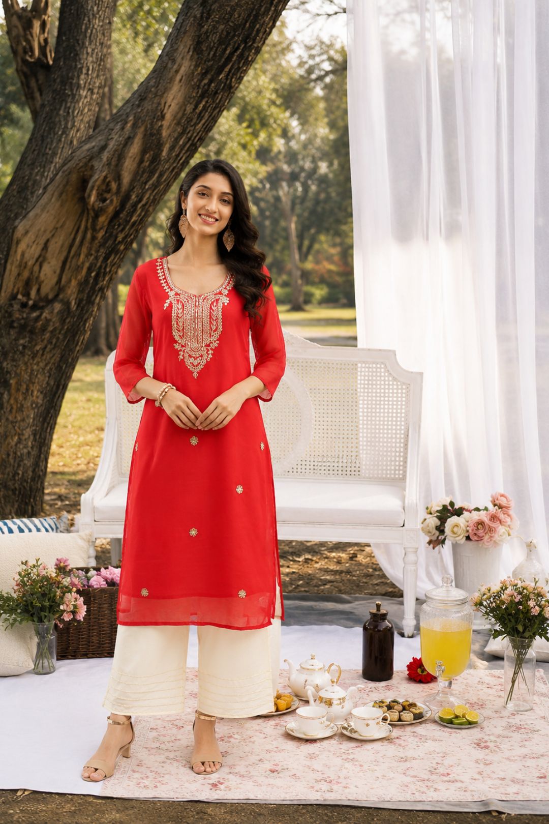 Red Hand Embroidered Chanderi Kurta With Off-White Pants