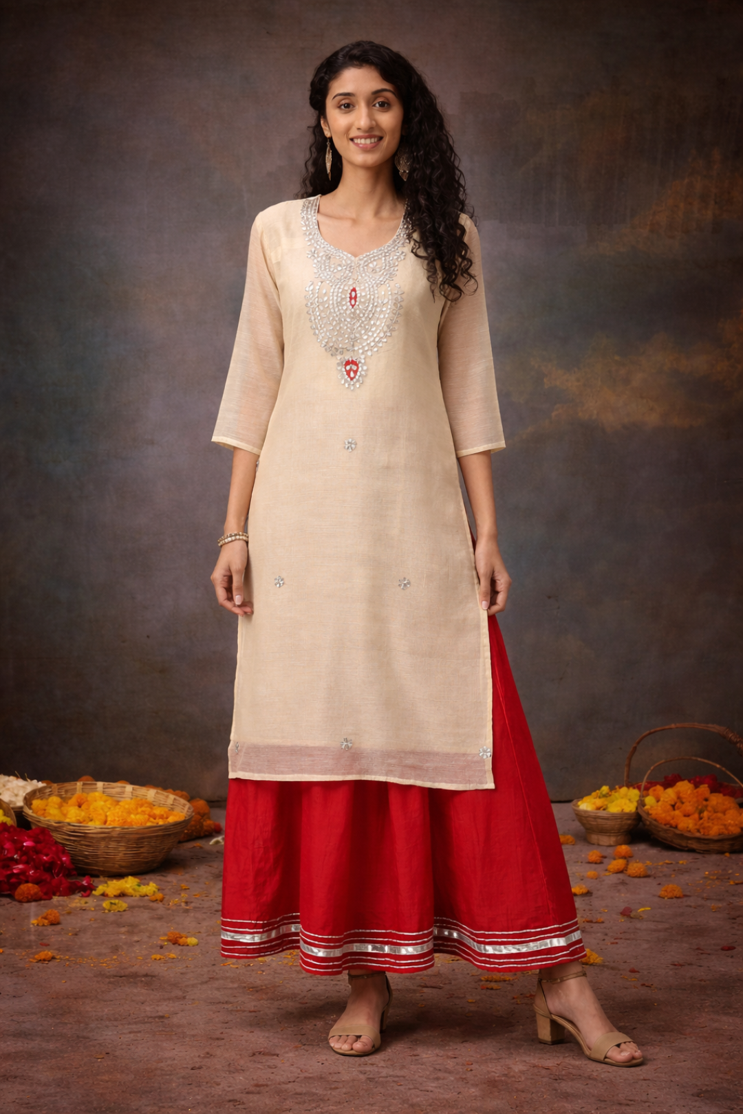 Beige Hand Embroidered Chanderi Silk Kurta with Red Palazzo