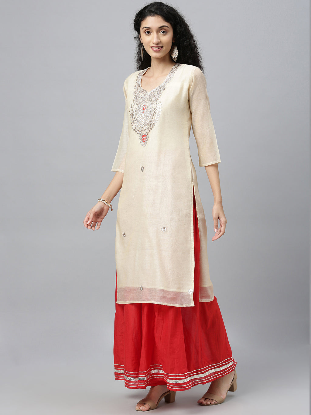 Beige Hand Embroidered Chanderi Silk Kurta with Red Palazzo