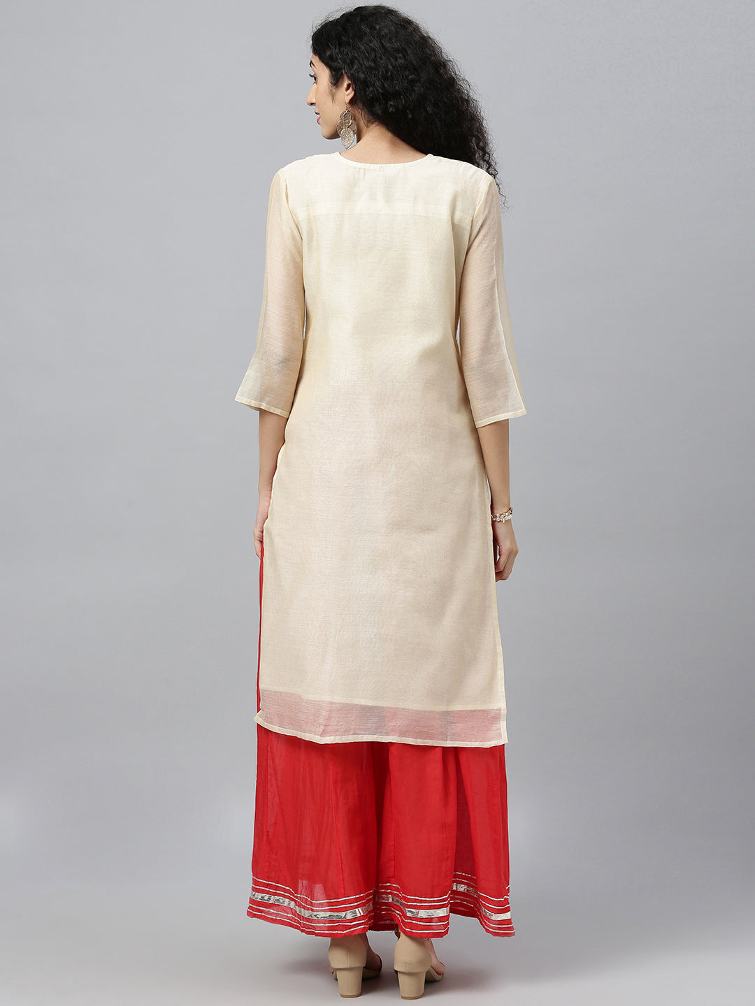 Beige Hand Embroidered Chanderi Silk Kurta with Red Palazzo