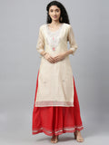 Beige Hand Embroidered Chanderi Silk Kurta with Red Palazzo