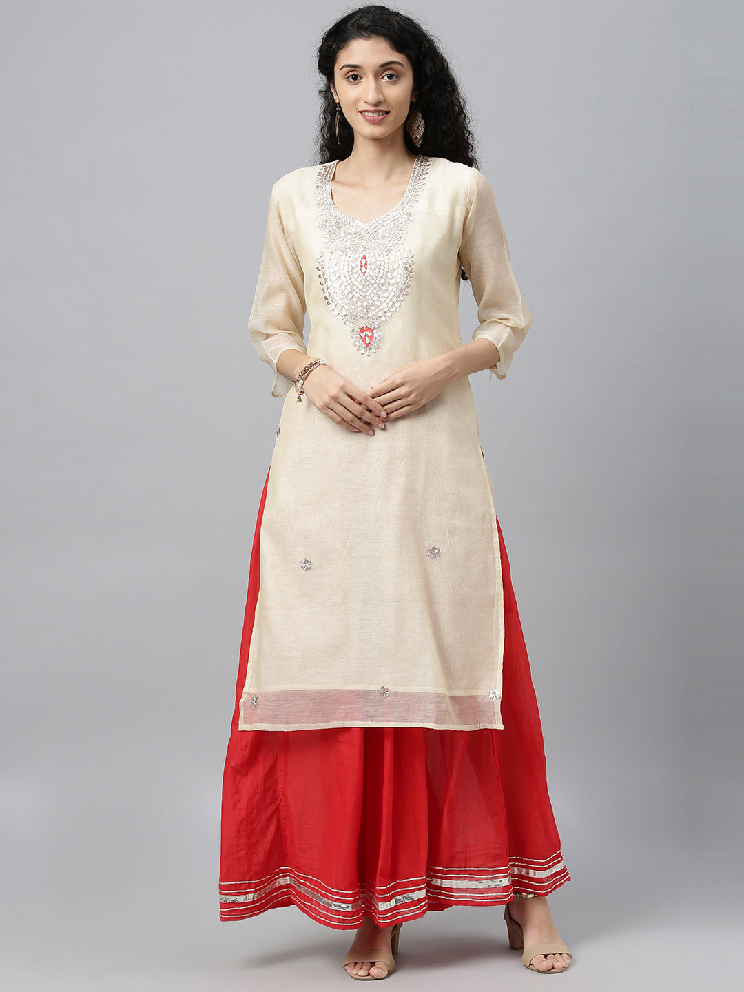 Beige Hand Embroidered Chanderi Silk Kurta with Red Palazzo