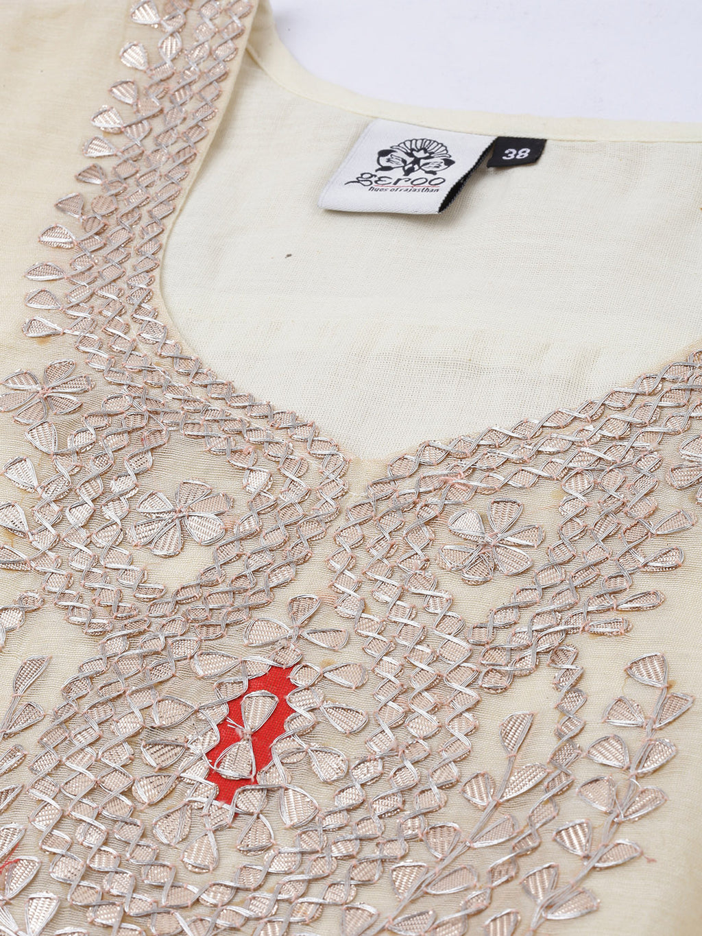 Beige Hand Embroidered Chanderi Silk Kurta with Red Palazzo