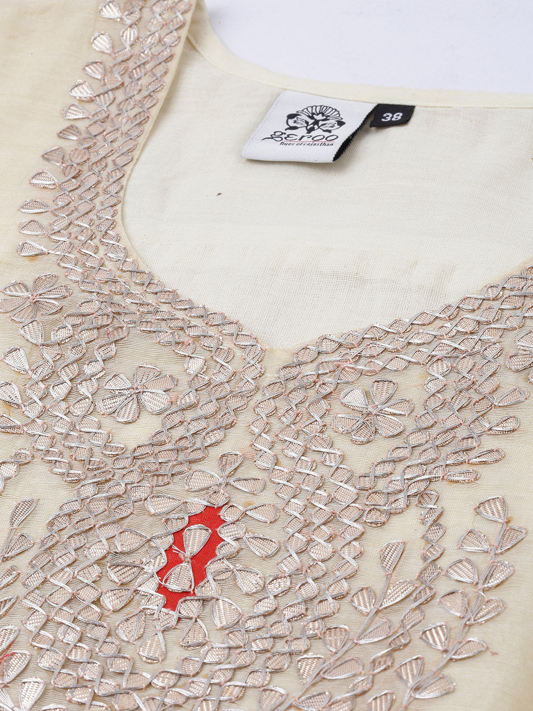 Beige Hand Embroidered Chanderi Silk Kurta with Red Palazzo