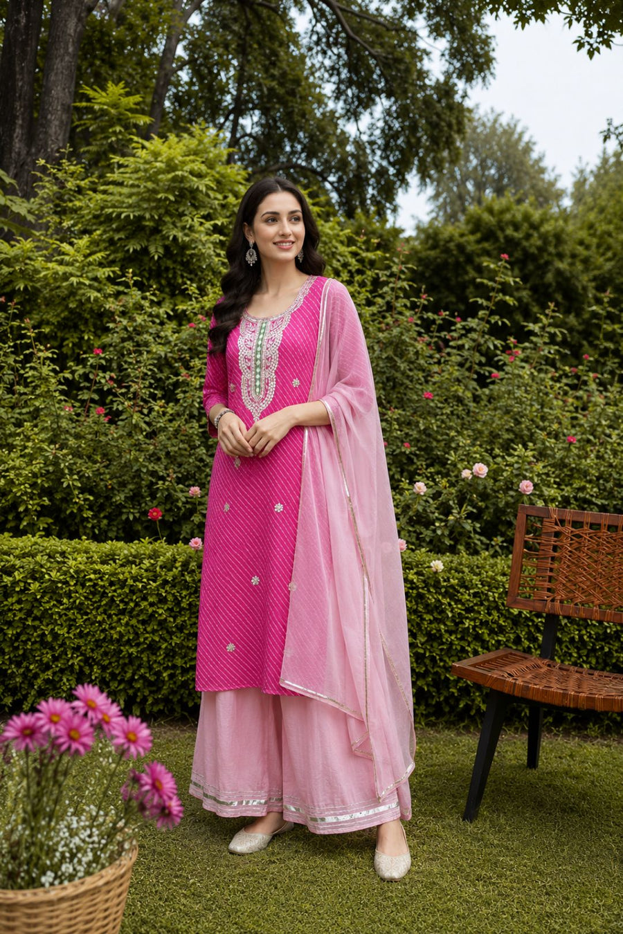Pink handcrafted georgette gota patti leheriya kurta set with dupatta