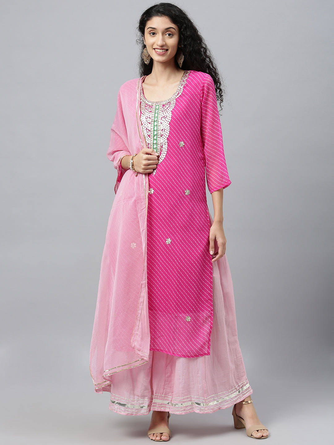 Pink handcrafted georgette gota patti leheriya kurta set with dupatta