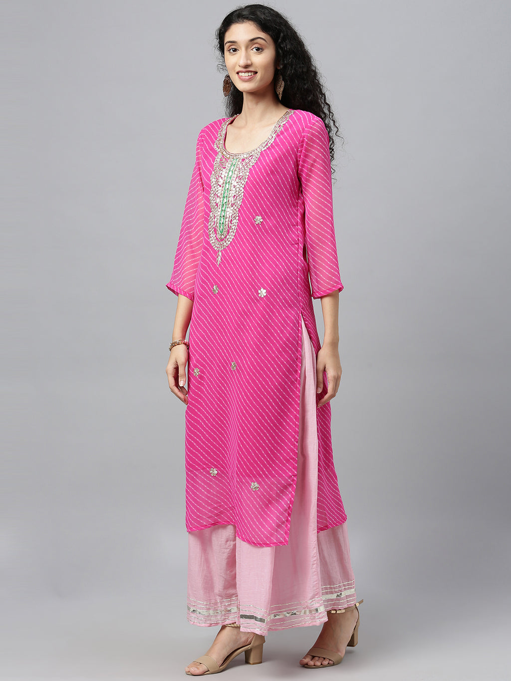 Pink handcrafted georgette gota patti leheriya kurta set with dupatta