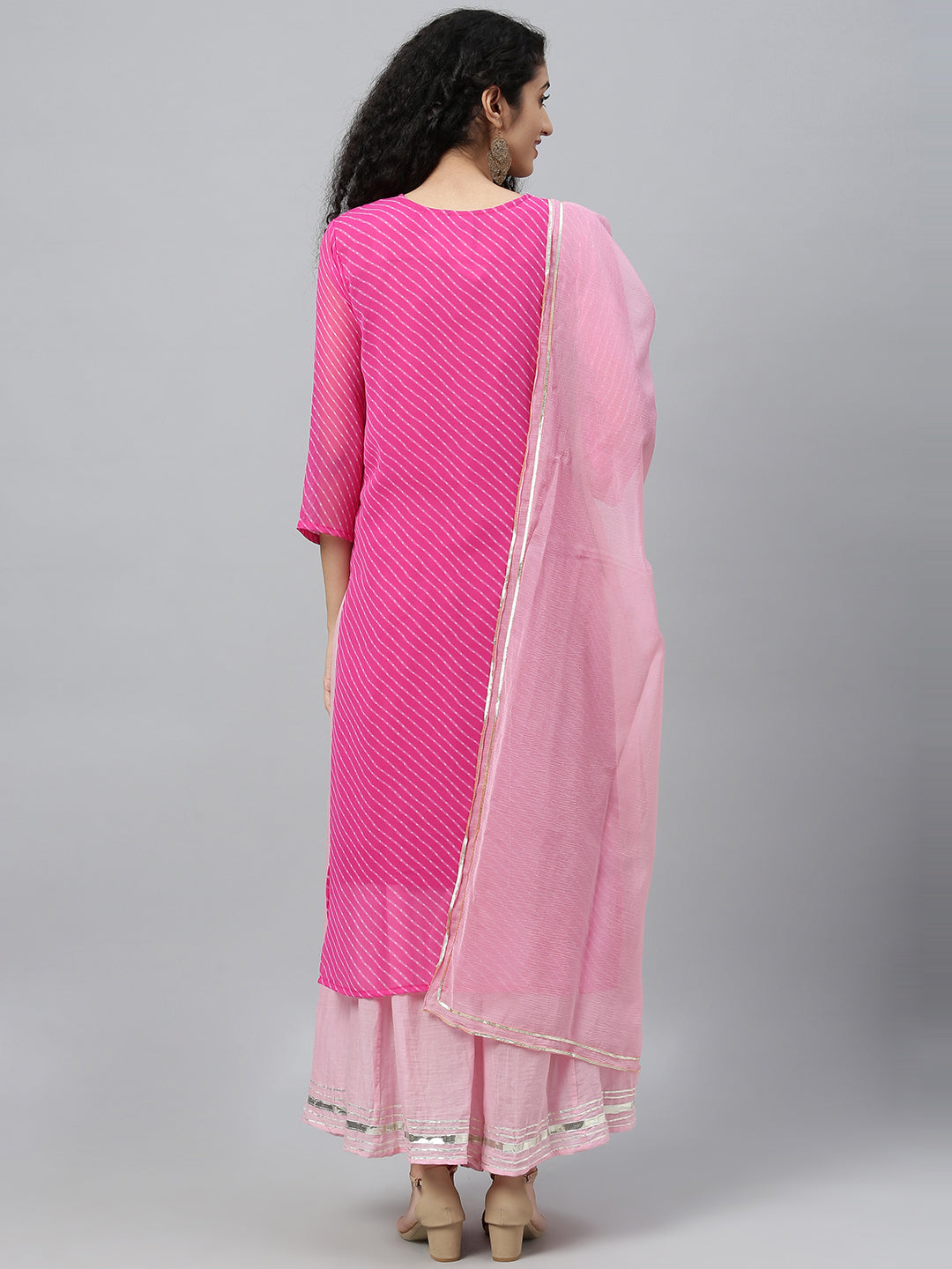 Pink handcrafted georgette gota patti leheriya kurta set with dupatta