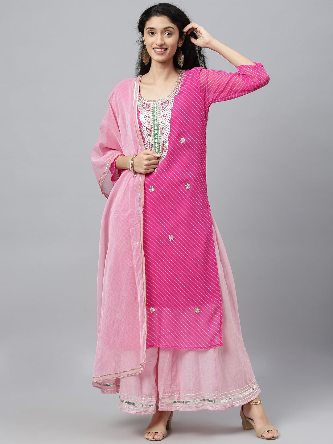 Pink handcrafted georgette gota patti leheriya kurta set with dupatta