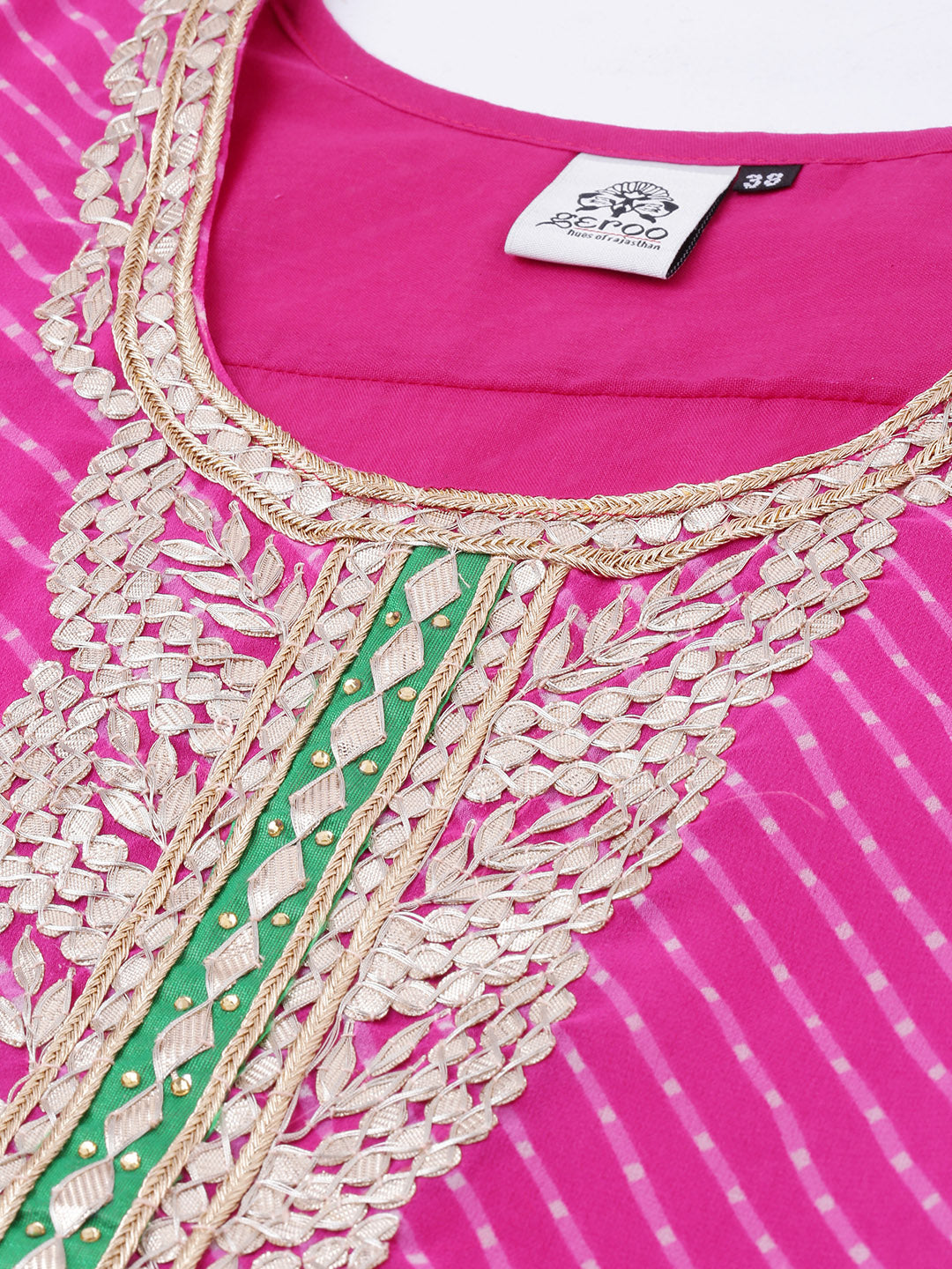 Pink handcrafted georgette gota patti leheriya kurta set with dupatta