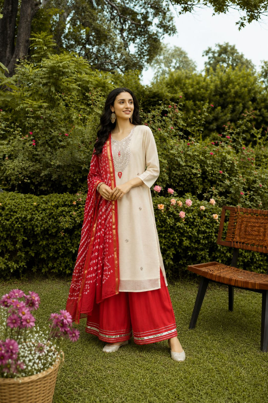 Beige Handcrafted Chanderi Kurta With Red Skirt & Bandhani Dupatta