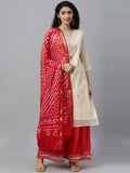 Beige Handcrafted Chanderi Kurta With Red Skirt and Bandhani Dupatta
