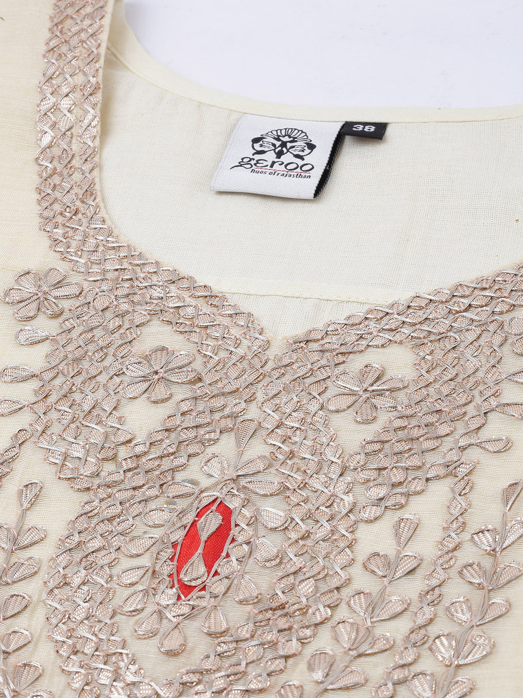 Beige Handcrafted Chanderi Kurta With Red Skirt & Bandhani Dupatta