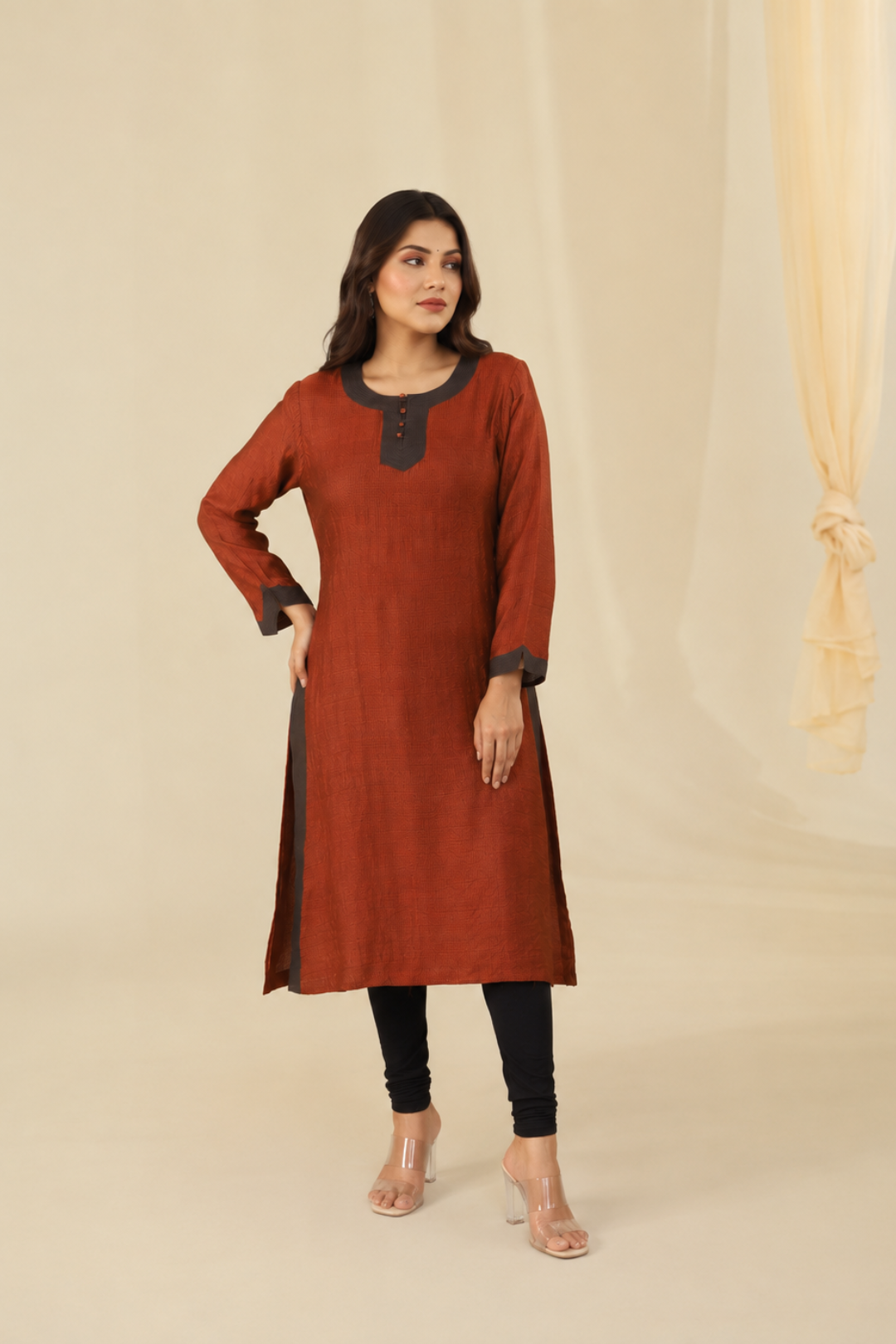 Brown Hand Woven Pure Raw Silk Kurta
