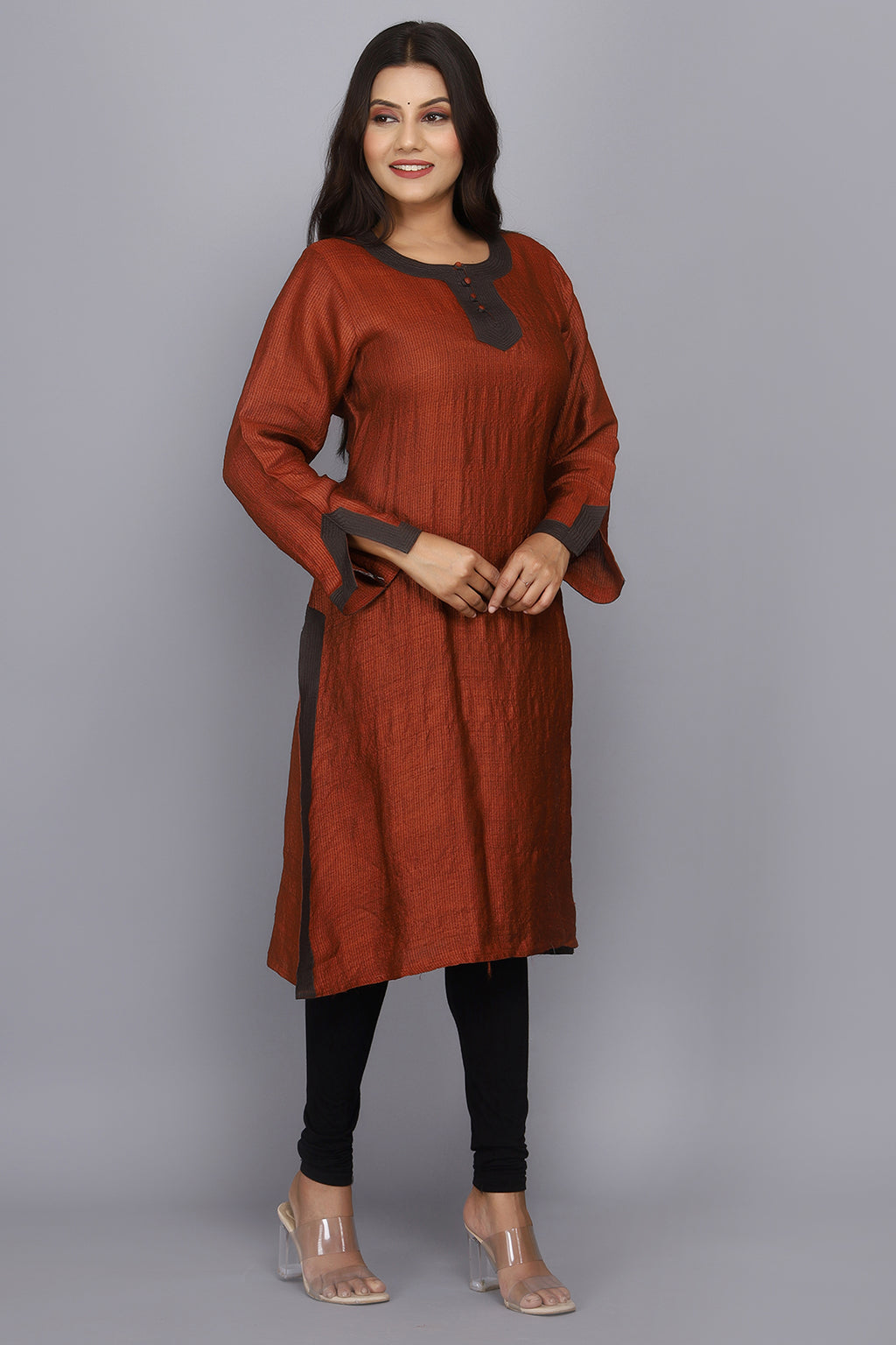 Brown Hand Woven Pure Raw Silk Kurta