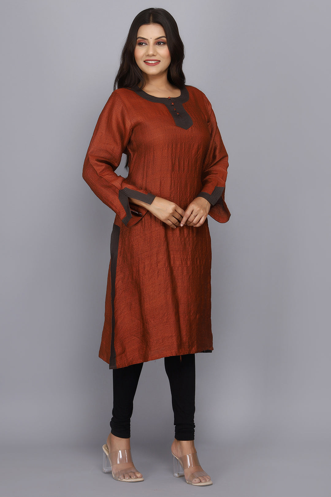 Brown Hand Woven Pure Raw Silk Kurta