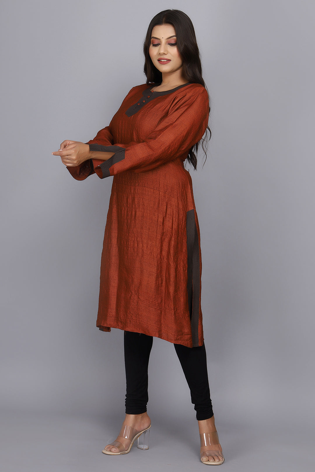Brown Hand Woven Pure Raw Silk Kurta