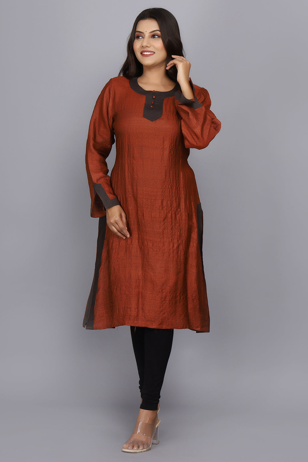 Brown Hand Woven Pure Raw Silk Kurta